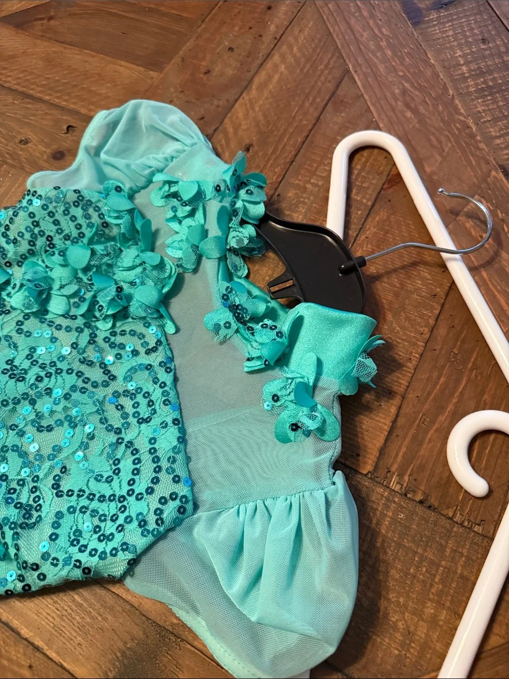 Weissman Teal Sequin Floral Tulle Dance Dress